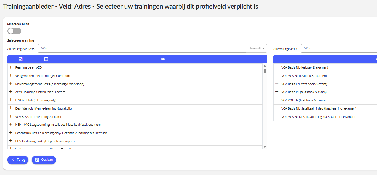 Profielvelden per training selectie