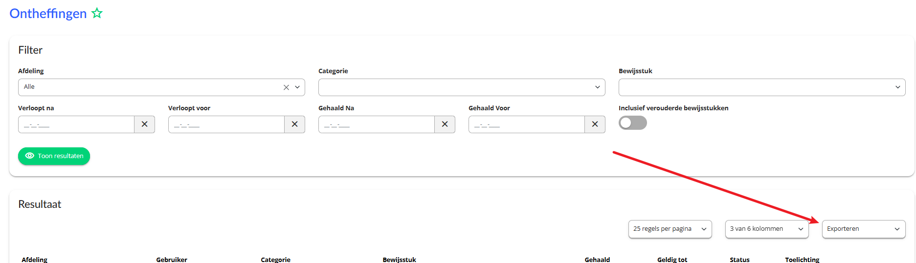 The Export button at the top right of the exemption report results